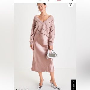Mauve two piece satin slip dress and knit sweater